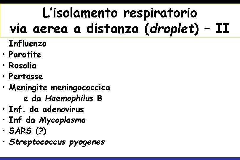 L’isolamento respiratorio via aerea a distanza (droplet) – II • • • Influenza Parotite