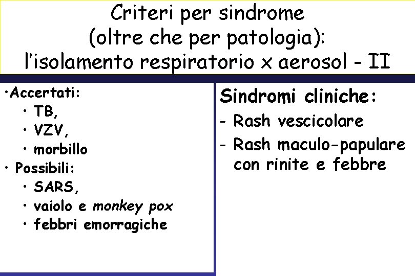 Criteri per sindrome (oltre che per patologia): l’isolamento respiratorio x aerosol - II •