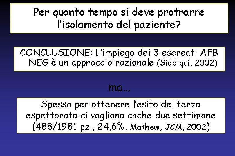 Per quanto tempo si deve protrarre l’isolamento del paziente? CONCLUSIONE: L’impiego dei 3 escreati