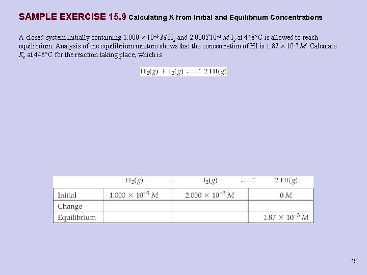 SAMPLE EXERCISE 15. 9 Calculating K from Initial and Equilibrium Concentrations A closed system SAMPLE EXERCISE 15. 9 Calculating K from Initial and Equilibrium Concentrations A closed system