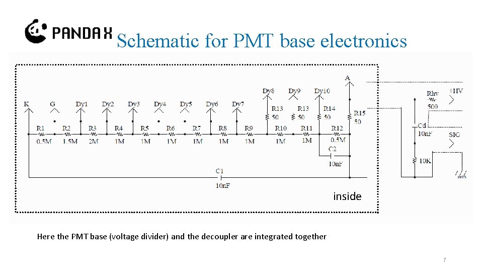 Schematic for PMT base electronics inside Here the PMT base (voltage divider) and the