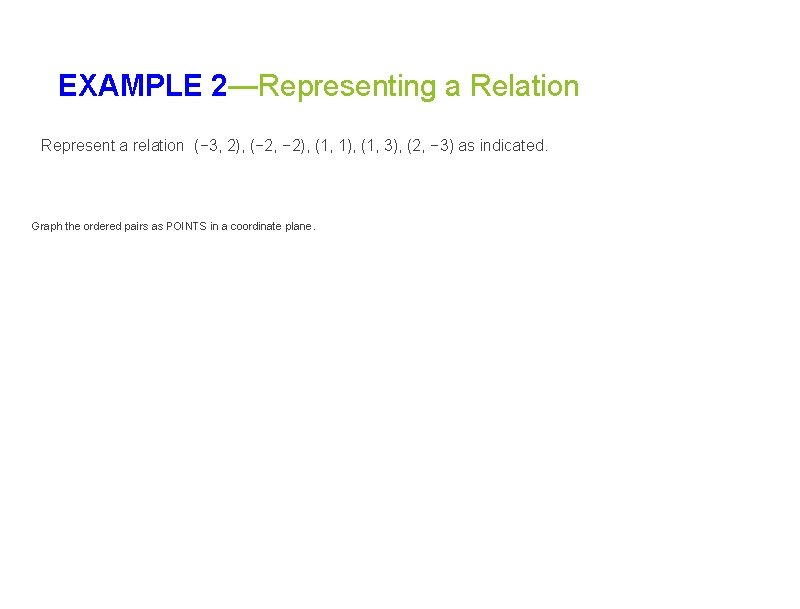 EXAMPLE 2—Representing a Relation Represent a relation (− 3, 2), (− 2, − 2), EXAMPLE 2—Representing a Relation Represent a relation (− 3, 2), (− 2, − 2),