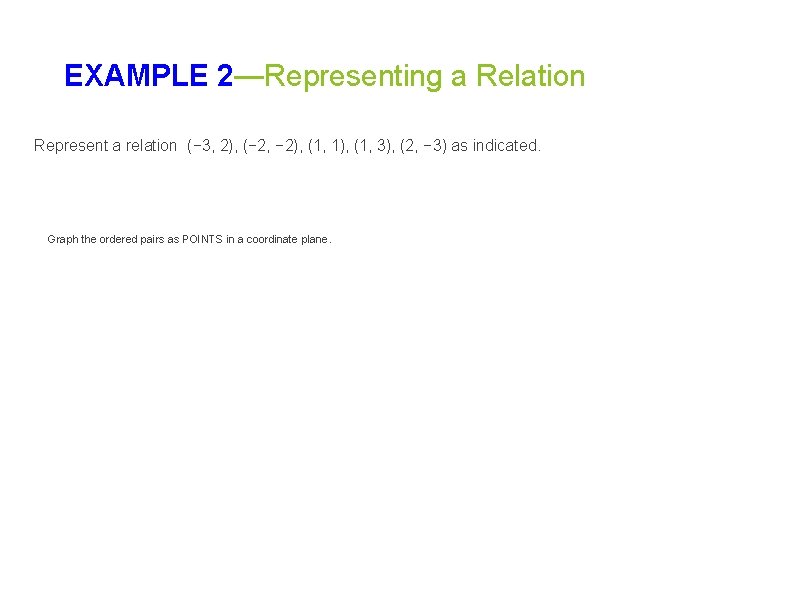 EXAMPLE 2—Representing a Relation Represent a relation (− 3, 2), (− 2, − 2), EXAMPLE 2—Representing a Relation Represent a relation (− 3, 2), (− 2, − 2),