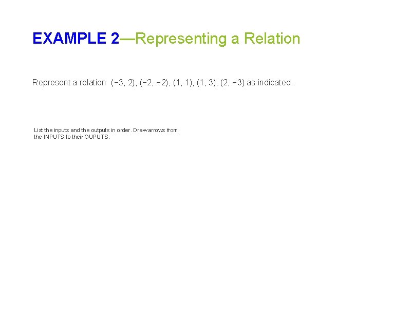 EXAMPLE 2—Representing a Relation Represent a relation (− 3, 2), (− 2, − 2), EXAMPLE 2—Representing a Relation Represent a relation (− 3, 2), (− 2, − 2),