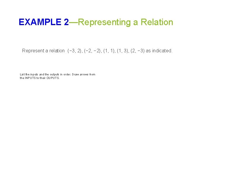 EXAMPLE 2—Representing a Relation Represent a relation (− 3, 2), (− 2, − 2), EXAMPLE 2—Representing a Relation Represent a relation (− 3, 2), (− 2, − 2),