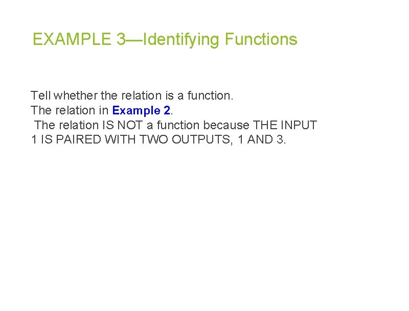EXAMPLE 3—Identifying Functions Tell whether the relation is a function. The relation in Example EXAMPLE 3—Identifying Functions Tell whether the relation is a function. The relation in Example