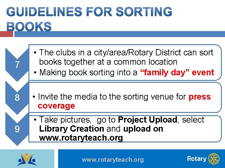 7 • The clubs in a city/area/Rotary District can sort books together at a