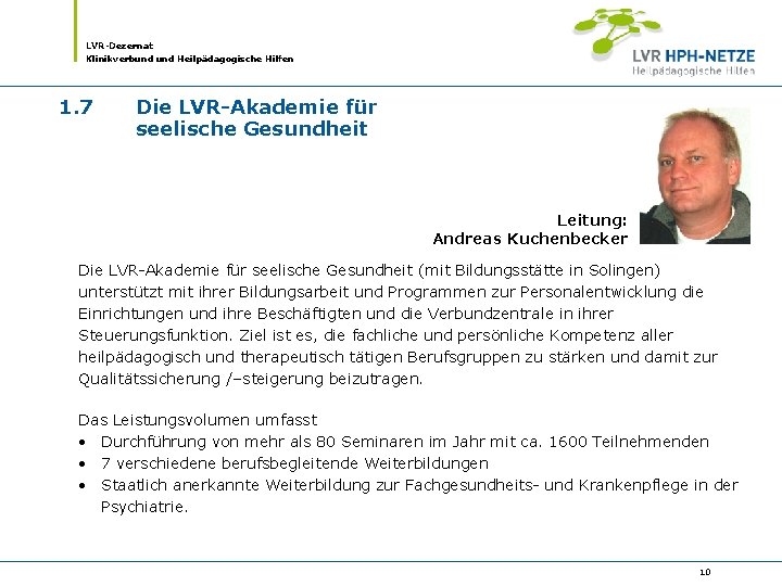 LVR-Dezernat Klinikverbund Heilpädagogische Hilfen 1. 7 Die LVR-Akademie für seelische Gesundheit Leitung: Andreas Kuchenbecker