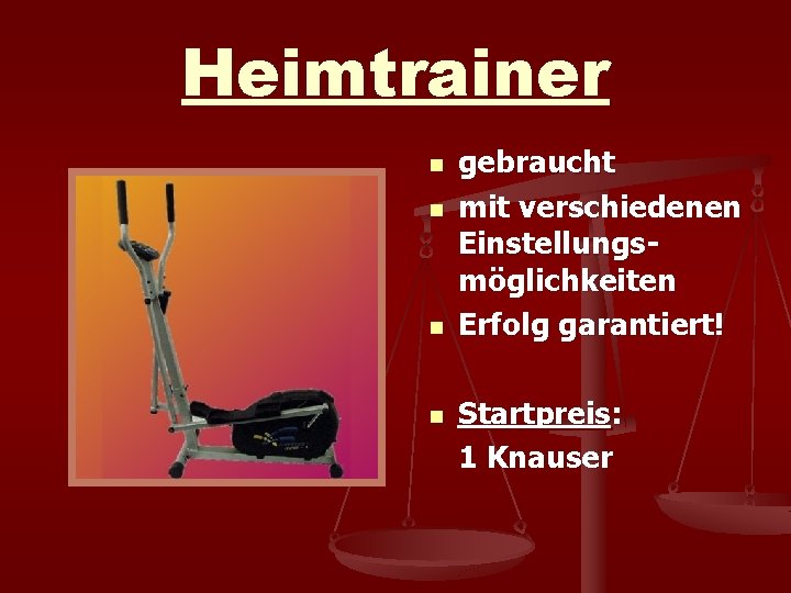 Heimtrainer n n gebraucht mit verschiedenen Einstellungsmöglichkeiten Erfolg garantiert! Startpreis: 1 Knauser 