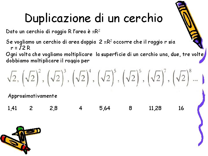 Duplicazione di un cerchio Dato un cerchio di raggio R l’area è p. R Duplicazione di un cerchio Dato un cerchio di raggio R l’area è p. R