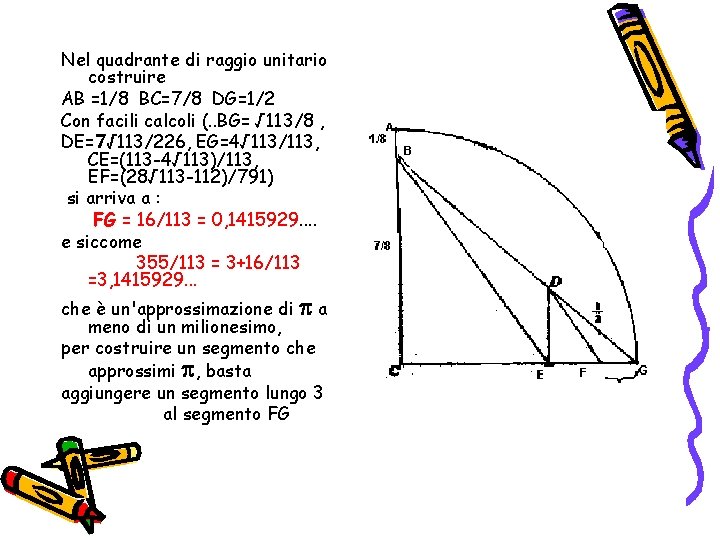 Nel quadrante di raggio unitario costruire AB =1/8 BC=7/8 DG=1/2 Con facili calcoli (.