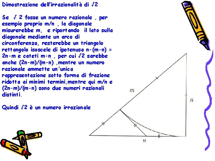 Dimostrazione dell’irrazionalità di √ 2 Se √ 2 fosse un numero razionale , per