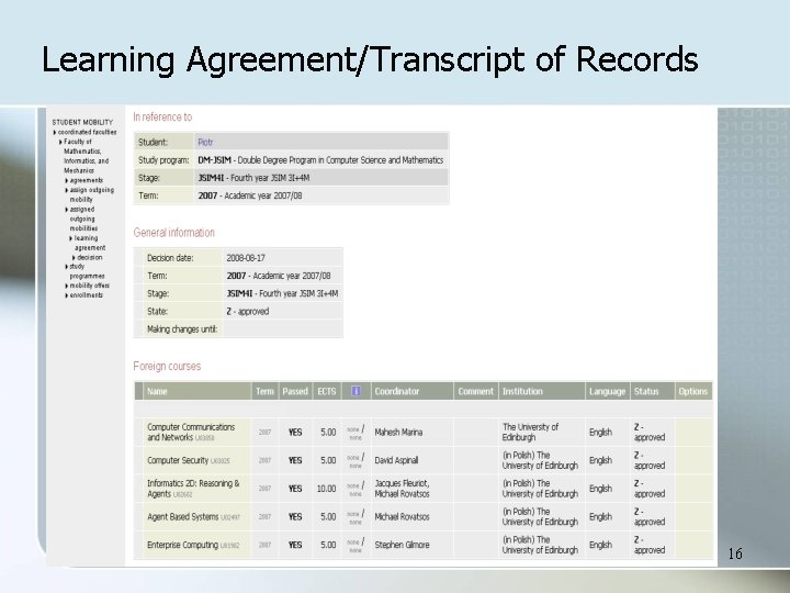 Learning Agreement/Transcript of Records 16 