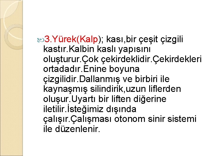  3. Yürek(Kalp); kası, bir çeşit çizgili kastır. Kalbin kaslı yapısını oluşturur. Çok çekirdeklidir.