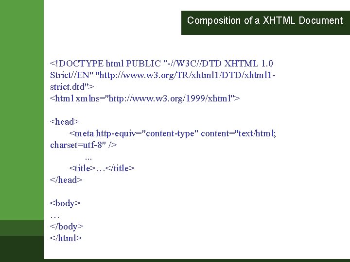 Composition of a XHTML Document <!DOCTYPE html PUBLIC "-//W 3 C//DTD XHTML 1. 0 Composition of a XHTML Document <!DOCTYPE html PUBLIC "-//W 3 C//DTD XHTML 1. 0
