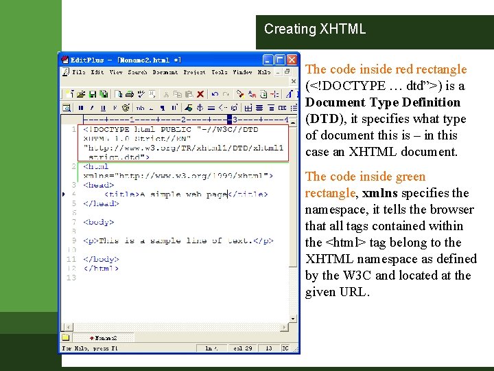 Creating XHTML The code inside red rectangle (<!DOCTYPE … dtd”>) is a Document Type Creating XHTML The code inside red rectangle (<!DOCTYPE … dtd”>) is a Document Type