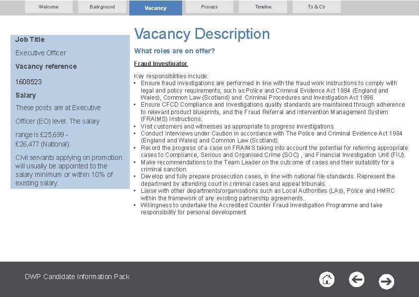 Welcome Background Vacancy Process Timeline Job Title Vacancy Description Executive Officer What roles are