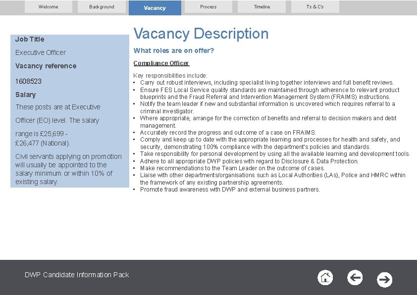 Welcome Background Vacancy Process Timeline Job Title Vacancy Description Executive Officer What roles are