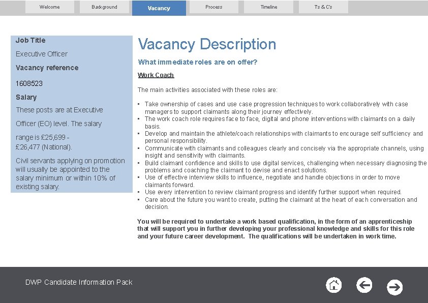 Welcome Background Job Title Executive Officer Vacancy reference Vacancy Process Timeline T’s & C’s