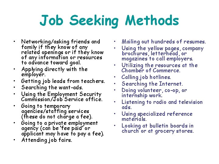 Job Seeking Methods • • Networking/asking friends and family if they know of any