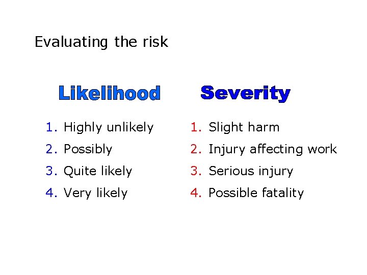 Evaluating the risk 1. Highly unlikely 1. Slight harm 2. Possibly 2. Injury affecting