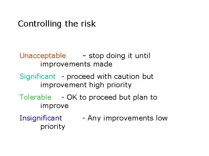 Controlling the risk Unacceptable – stop doing it until improvements made Significant - proceed