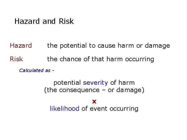 Hazard and Risk Hazard the potential to cause harm or damage Risk the chance