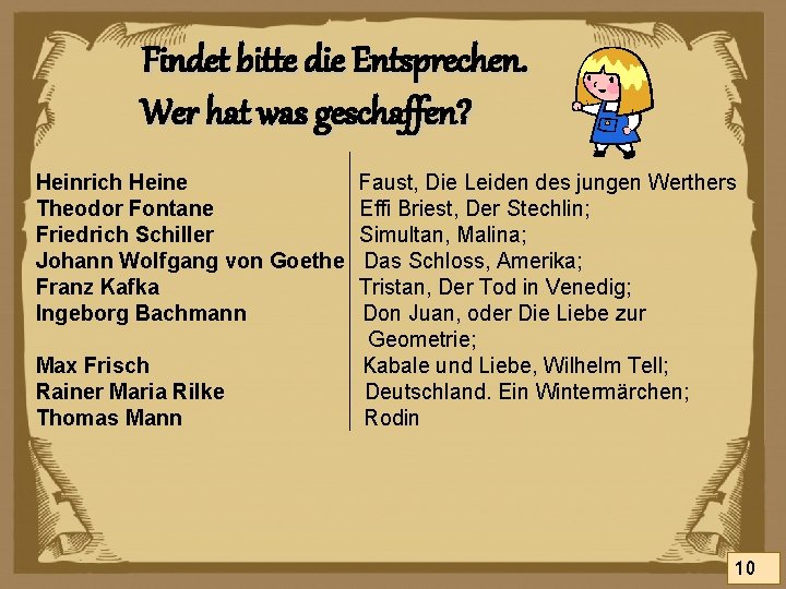 Findet bitte die Entsprechen. Wer hat was geschaffen? Heinrich Heine Theodor Fontane Friedrich Schiller