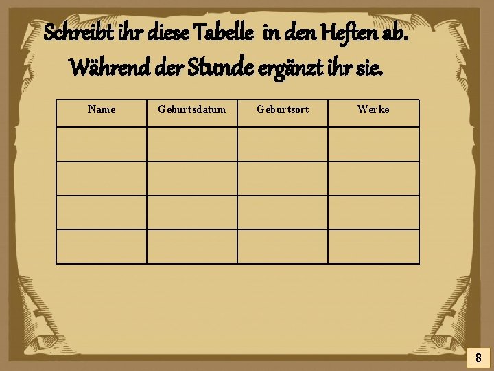 Schreibt ihr diese Tabelle in den Heften ab. Während der Stunde ergänzt ihr sie.