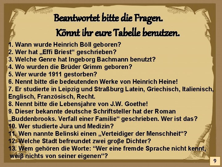 Beantwortet bitte die Fragen. Könnt ihr eure Tabelle benutzen. 1. Wann wurde Heinrich Böll