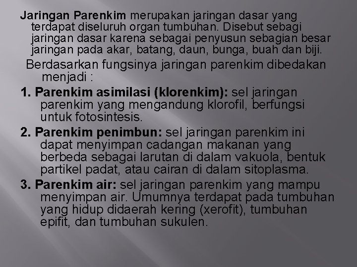 Jaringan Parenkim merupakan jaringan dasar yang terdapat diseluruh organ tumbuhan. Disebut sebagi jaringan dasar