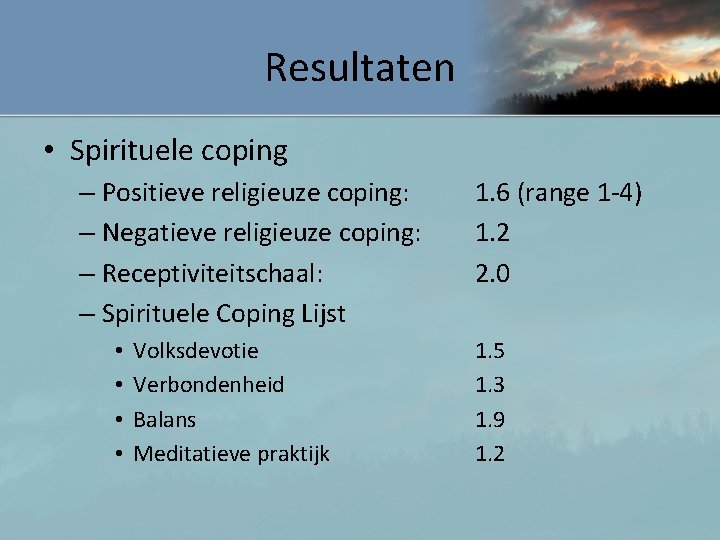 Resultaten • Spirituele coping – Positieve religieuze coping: – Negatieve religieuze coping: – Receptiviteitschaal: