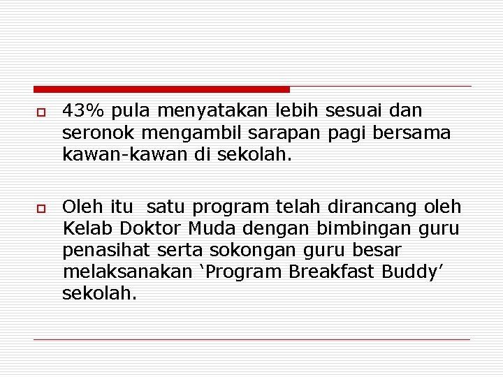 o o 43% pula menyatakan lebih sesuai dan seronok mengambil sarapan pagi bersama kawan-kawan