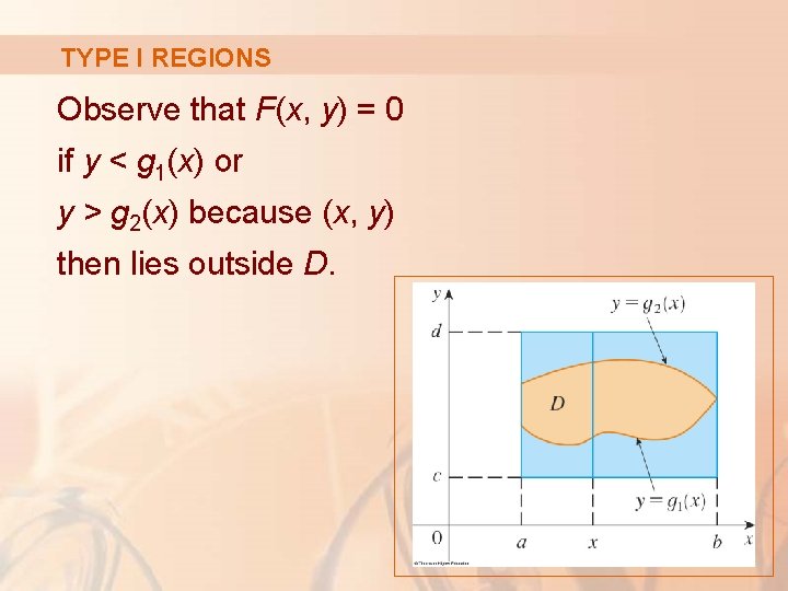 TYPE I REGIONS Observe that F(x, y) = 0 if y < g 1(x)