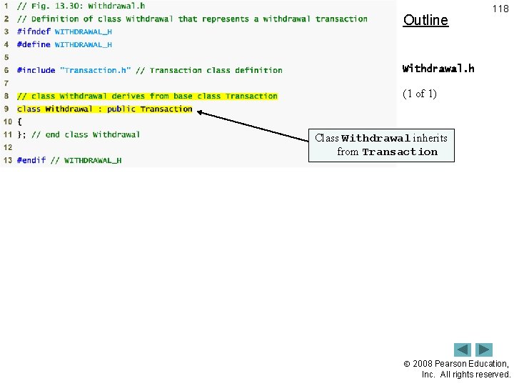 Outline 118 Withdrawal. h (1 of 1) Class Withdrawal inherits from Transaction 2008 Pearson