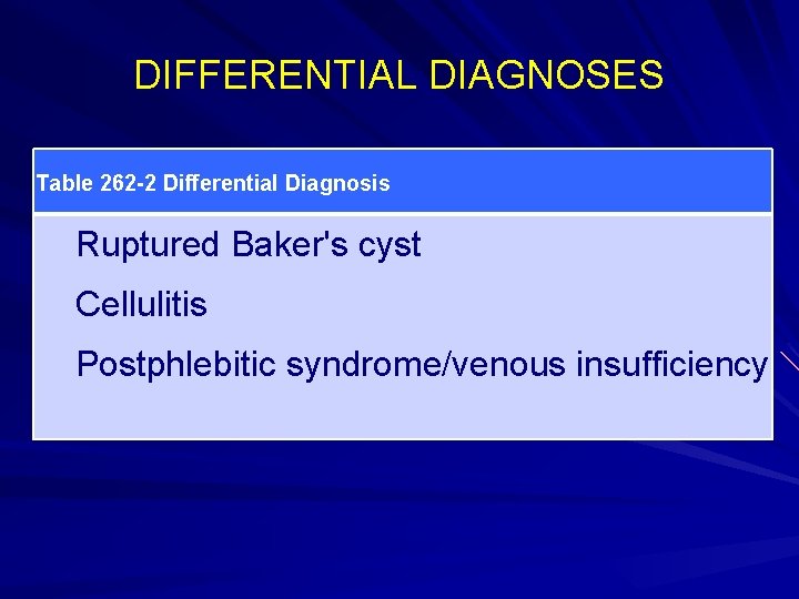 DIFFERENTIAL DIAGNOSES Table 262 -2 Differential Diagnosis Ruptured Baker's cyst Cellulitis Postphlebitic syndrome/venous insufficiency