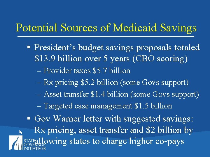 Potential Sources of Medicaid Savings § President’s budget savings proposals totaled $13. 9 billion