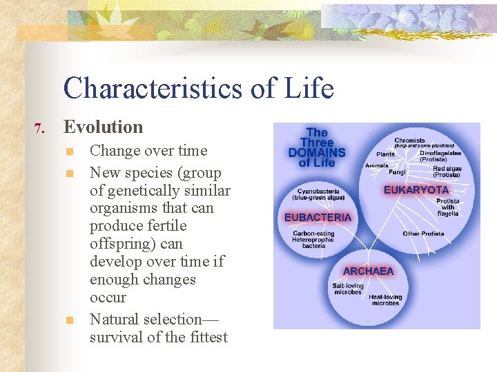 Characteristics of Life 7. Evolution n Change over time New species (group of genetically