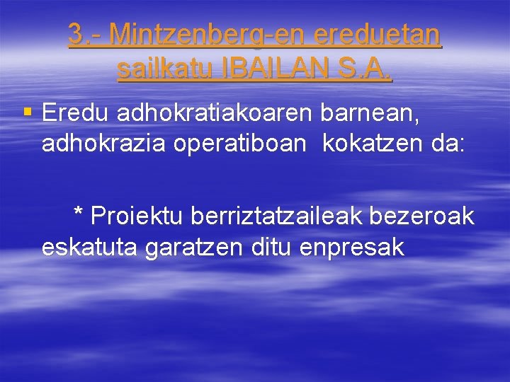 3. - Mintzenberg-en ereduetan sailkatu IBAILAN S. A. § Eredu adhokratiakoaren barnean, adhokrazia operatiboan