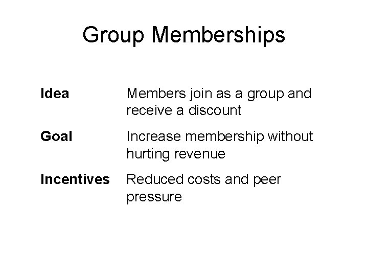Group Memberships Idea Members join as a group and receive a discount Goal Increase