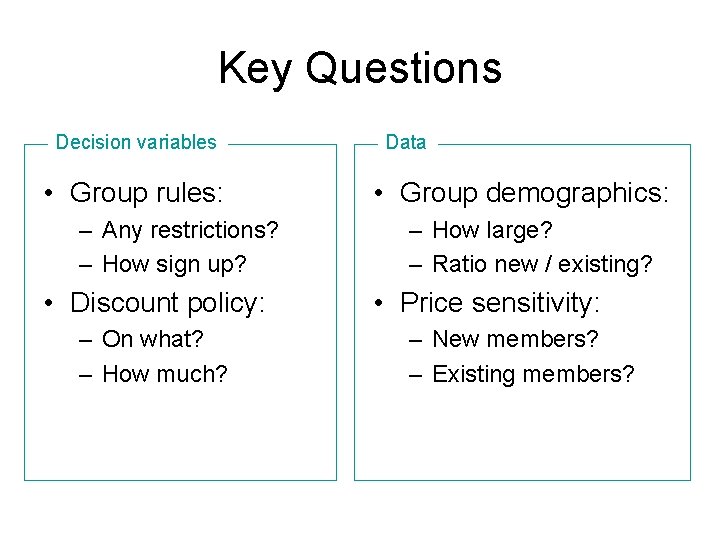 Key Questions Decision variables • Group rules: – Any restrictions? – How sign up?