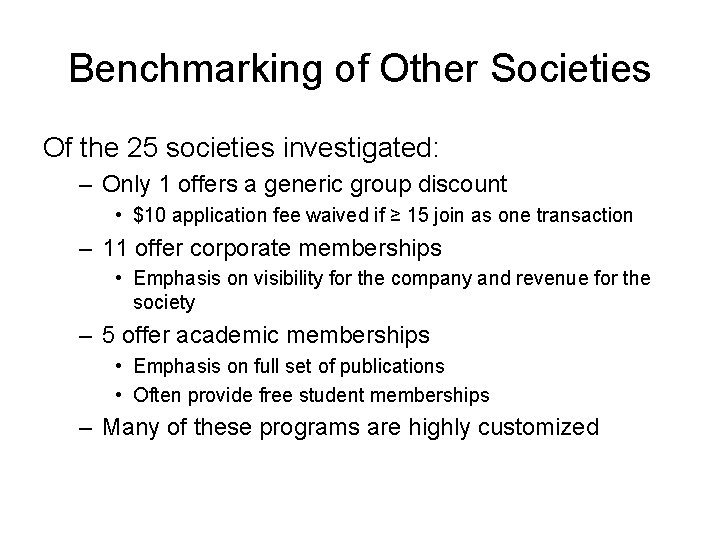 Benchmarking of Other Societies Of the 25 societies investigated: – Only 1 offers a