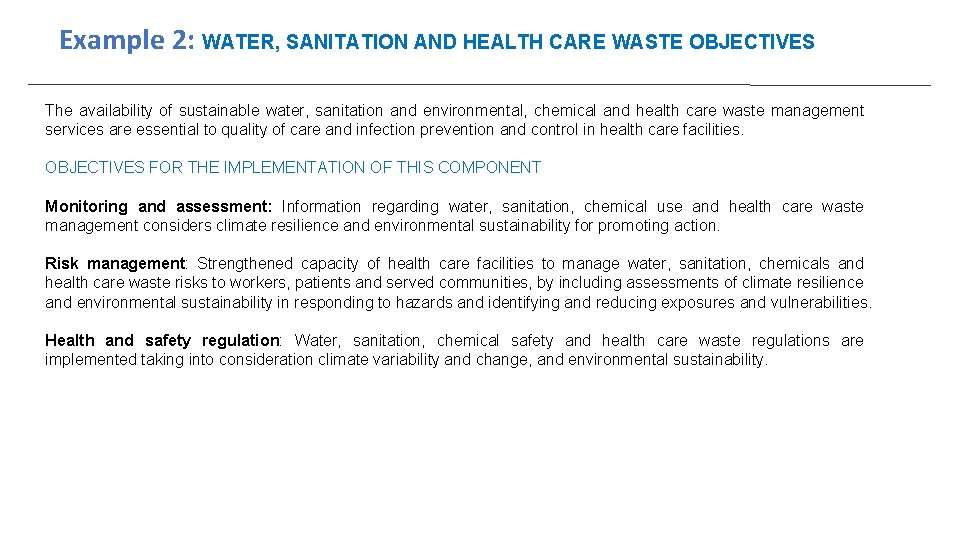 Example 2: WATER, SANITATION AND HEALTH CARE WASTE OBJECTIVES The availability of sustainable water,