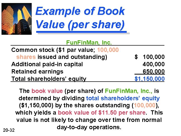 Example of Book Value (per share) Fun. Fin. Man, Inc. Common stock ($1 par