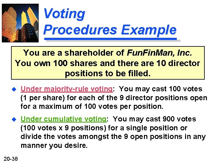 Voting Procedures Example You are a shareholder of Fun. Fin. Man, Inc. You own