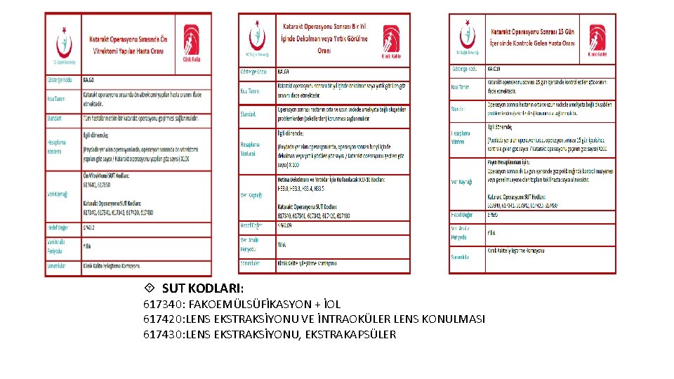  SUT KODLARI: 617340: FAKOEMÜLSÜFİKASYON + İOL 617420: LENS EKSTRAKSİYONU VE İNTRAOKÜLER LENS KONULMASI