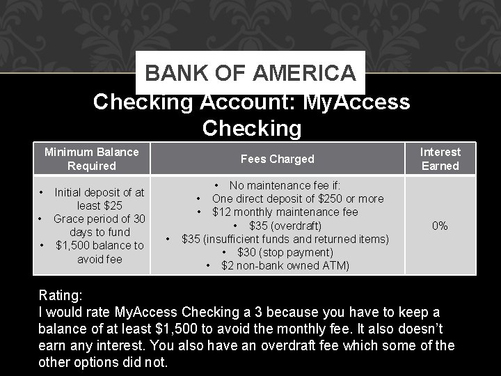BANK OF AMERICA Checking Account: My. Access Checking Minimum Balance Required Fees Charged •