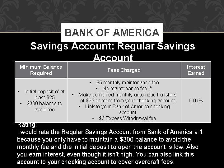 BANK OF AMERICA Savings Account: Regular Savings Account Minimum Balance Required Fees Charged Interest