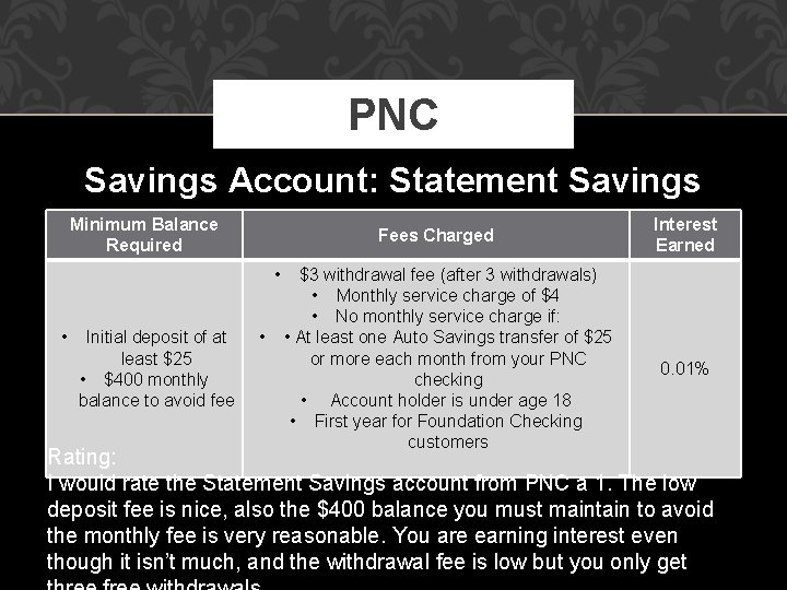PNC Savings Account: Statement Savings Minimum Balance Required Fees Charged • • Initial deposit