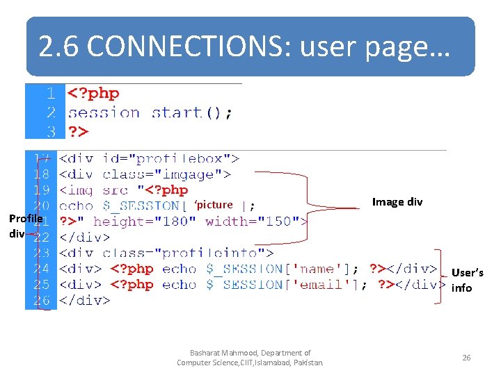 2. 6 CONNECTIONS: user page… Profile div ‘picture’ Image div User’s info Basharat Mahmood,